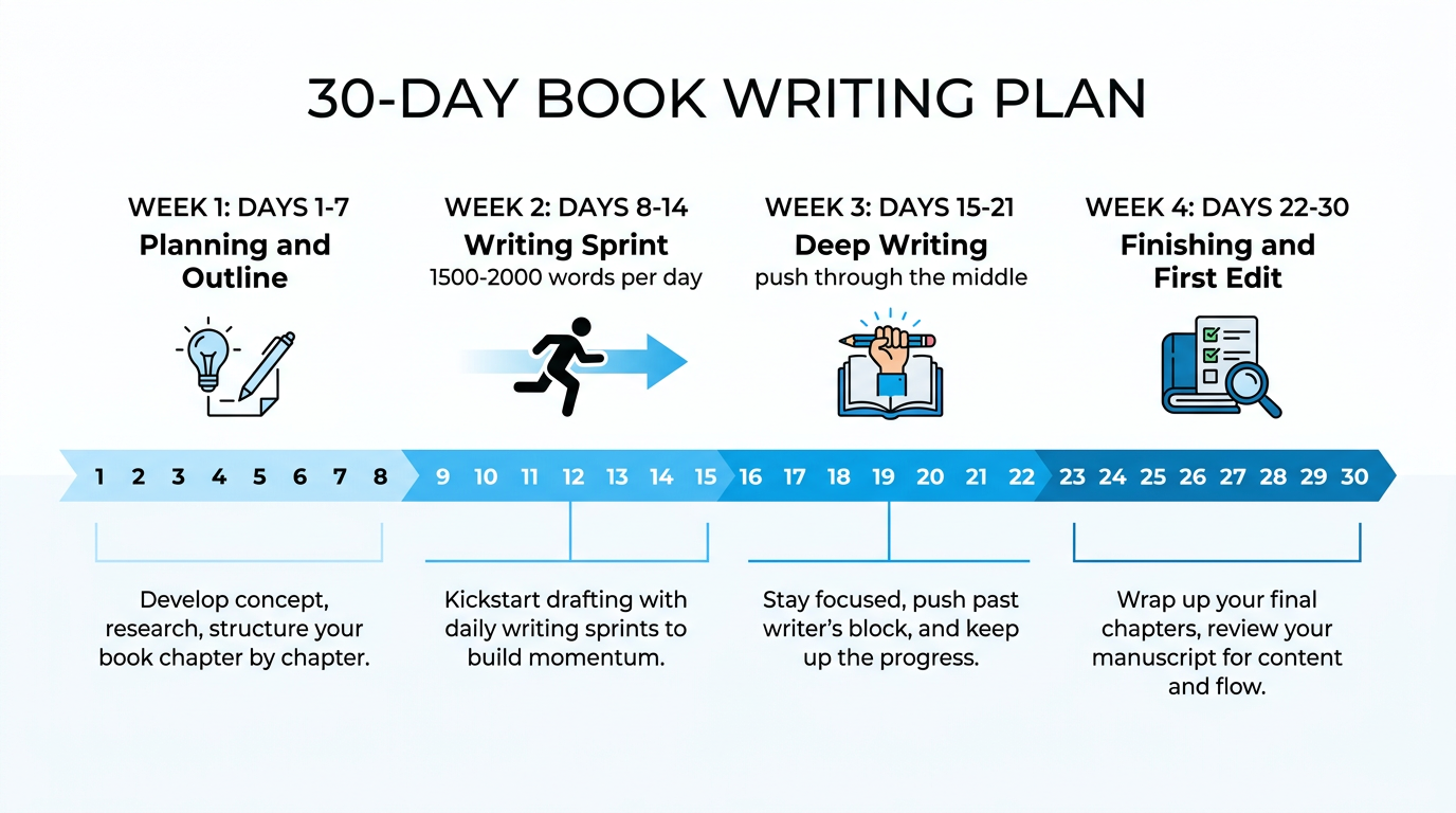 30-day book writing timeline: Week 1 planning, Week 2 writing sprint, Week 3 deep writing, Week 4 finishing and editing