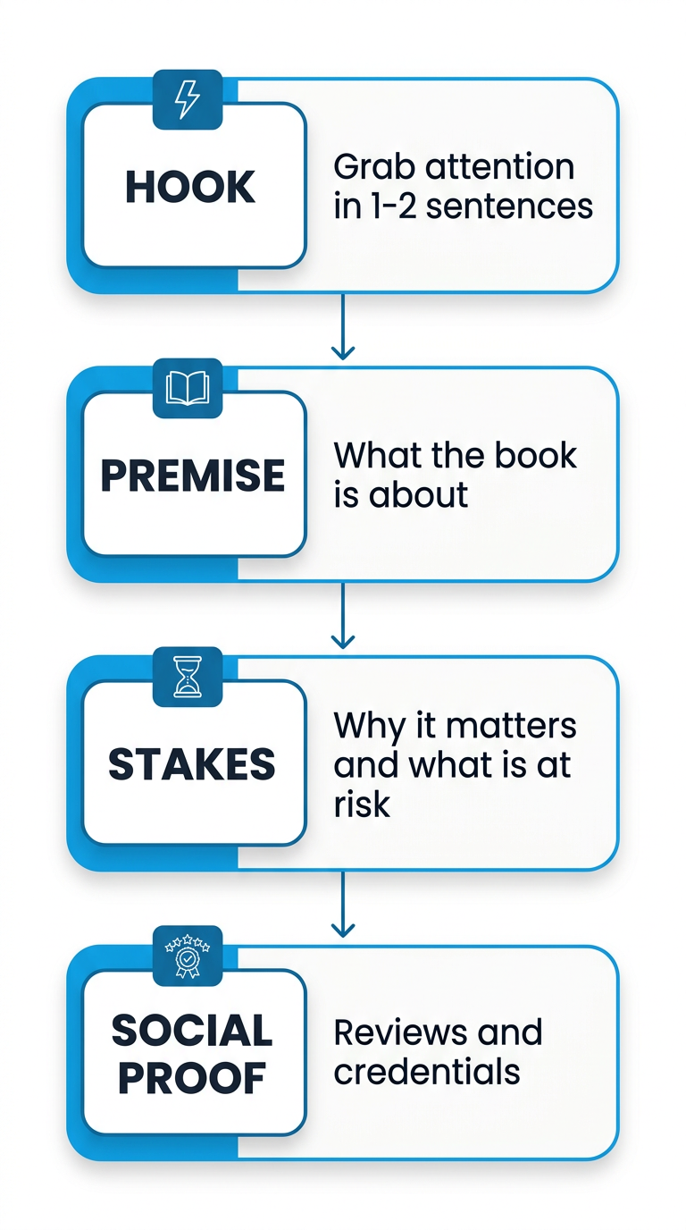 Anatomy of a book description: hook, stakes, proof, and call to action