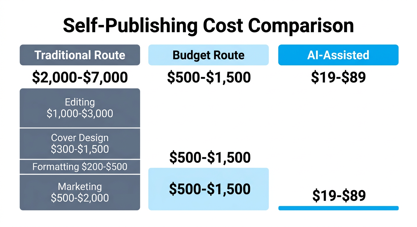 Self-publishing cost comparison: Traditional ($2,000-$7,000) vs Budget ($500-$1,500) vs AI-Assisted ($19-$89)
